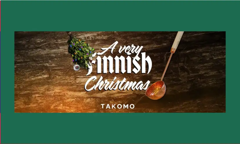 A copper spoon with a bundle of foliage with text "a very Finnish Christmas"