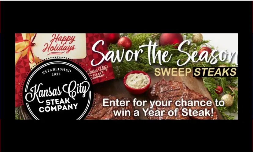 A photo showing the succulent steaks that can be won. They are surrounded by greenery, ornaments and a gift wrapped in red.