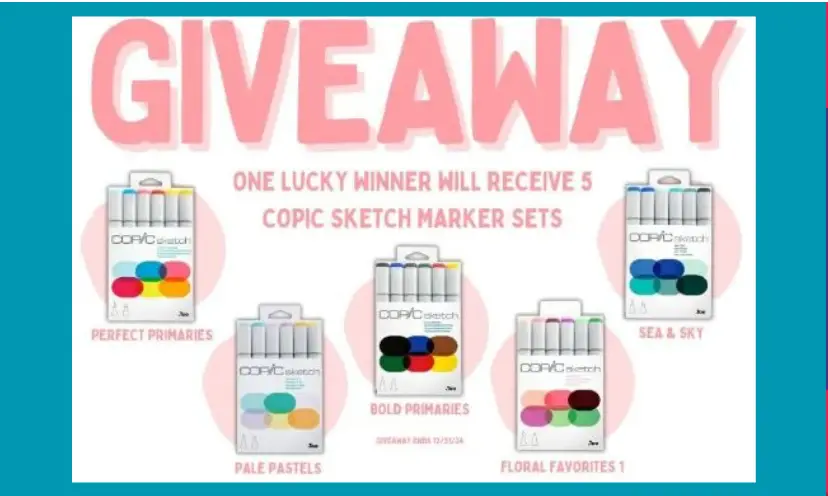 This image shows each of the five sets of markers that can be won with the word "GIVEAWAY" above in a beautiful pink pastel color.