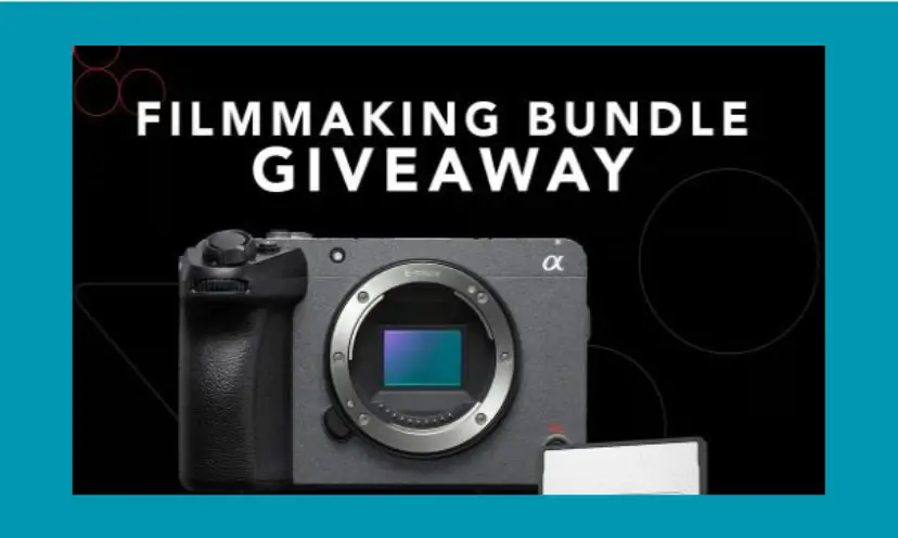 This photo shows a camera with the wording "filmmaking bundle giveaway" above.