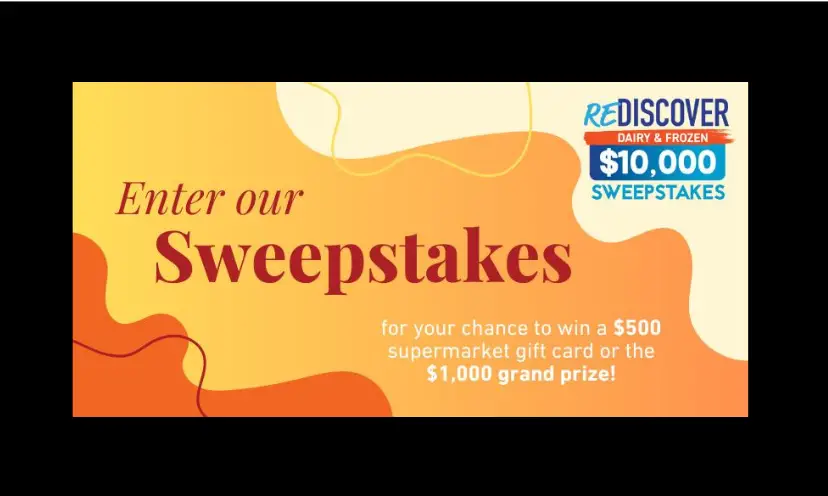 This photo has waves of orange and white beneath the wording "enter our sweepstakes". There is also finer print info about winning a grocery gift card.