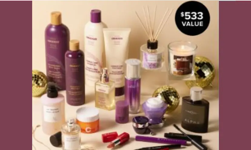 This is a photo with a purple background and surrounded with an array of Avon's beauty products in tubes, sprays, pencils and more!