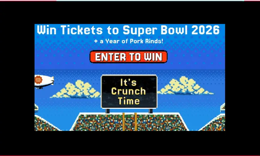 This photo has the wording "win tickets to Super Bowl 2024 and a year of pork rinds!" It shows a blue sky and white clouds over a simulated football stadium of fans. The "scoreboard" says "It's Crunch Time"