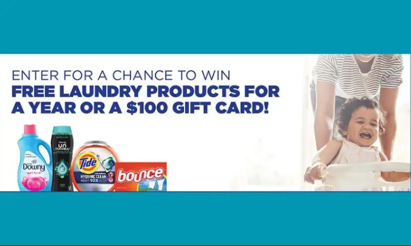 This photo features a banner with the words "enter for a chance to win laundry products for a year or a $100 gift card. It features a toddler on one side and the cleaning products you could win on the other.