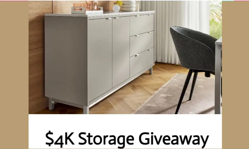 This photo shows a white sideboard beside a modern grey chair. The text below reads: "4K storage giveaway".