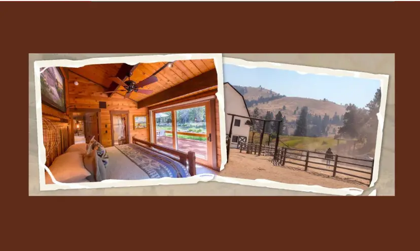 This photo features the inside of a cozy, rustic cabin beside majestic Montana mountains.