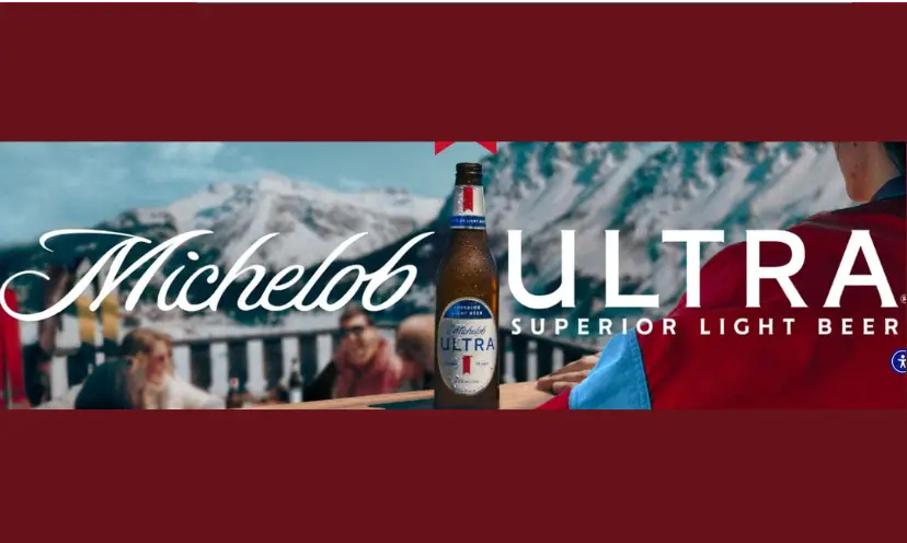 This photo features the Michelob Ultra logo. It is surrounded by Colorado mountains and people sitting on a deck relaxing.