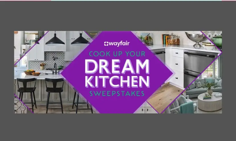 This photo has a purple diamond shape in the center with the words "Wayfair cook up your dream kitchen sweepstakes". It is then surrounded with all sorts of home needs like furniture, lighting and gadgets.