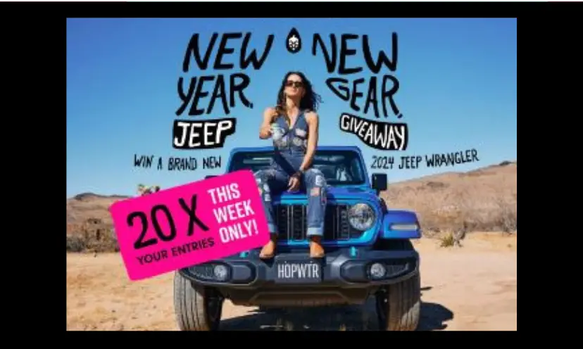 This photo shows a young woman sitting on the hood of a sky blue Jeep. The caption above says "new year new gear" along with "Jeep giveaway".