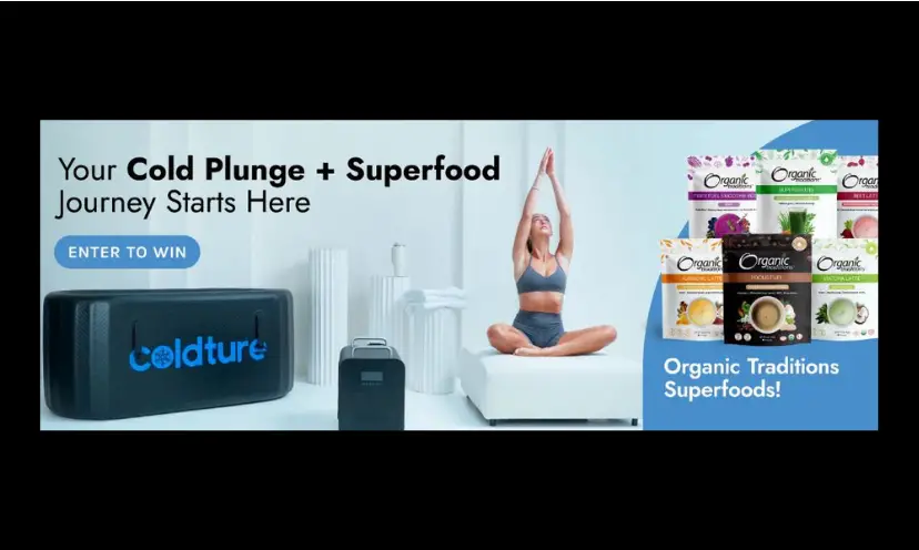 This photo says 'your cold plunge and superfood journey starts here". It features the cold plunge tub that you could win along with packages of the superfoods being offered. There is also a lady in a yoga position in the picture.