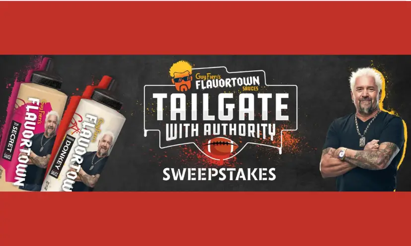 This photo features a photo of Guy Fieri and large letters that say "Falvortown Tailgate with authority sweepstakes" which is the giveaway name.