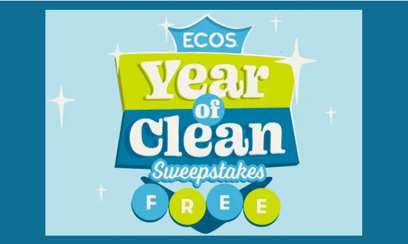 This photo has a two tone blue background behind the words "Ecos year of clean sweepstakes" followed by four circles spelling out the word "FREE".