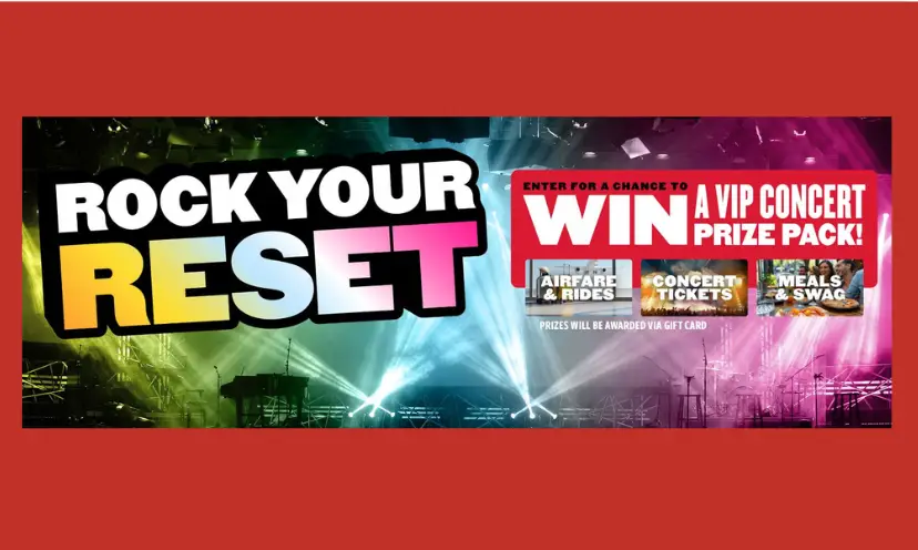 This photo has colorful stage lights, multiple musical instruments and the wording 'Rock Your Reset" and "win a VIP concert prize pack".