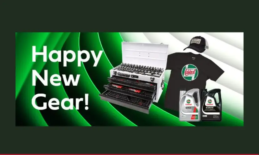 This photo starts with the caption "Happy New Gear!" It then features images of a tool set, Castrol oil and a castrol cap and T shirt that are available in the prize package.