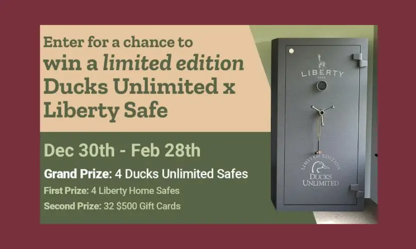 This photo shows a picture of the large Ducks Unlimited safe that you could win. It also lists the other prizes being given in the sweepstakes which are the other safe and a $500 Tractor Supply gift card.