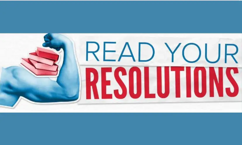 This photo in predominantly red, white and blue features a blue arm in the position that relates to powerful with books stacked in the bend. The wording is "read your resolution", which is the name of the sweepstakes.