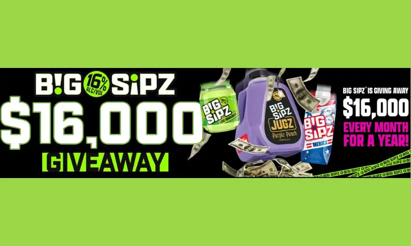 This is a photo that simply states the sweepstakes name of "Big Sipz $16,000 giveaway". It also features some of the Big Sipz products, surrounded by a vibrant lime green background.