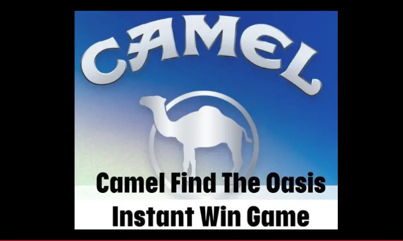 This photo has a black border with a blue background featuring a white image of a camel. The wording is "Camel find the oasis instant win game".