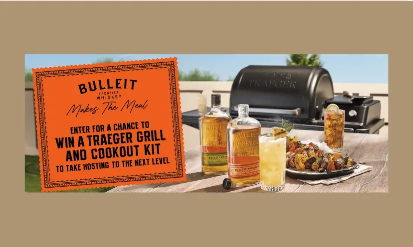 This photo welcomes you to enter with a short description of the grilling prize package, It features the grill, food and drinks that are all an enticing part of wanting to enter this giveaway.