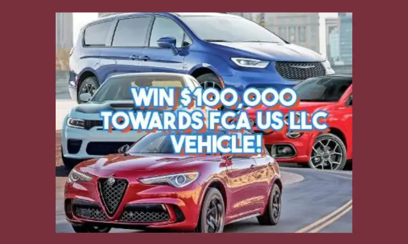 This photo has an image with four vehicles and the words "win $100,000 towards FCA US LLC vehicle!"