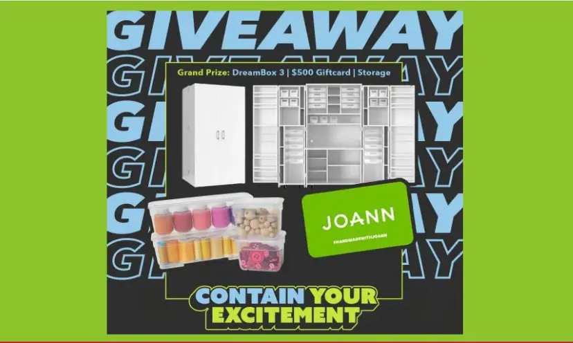 This photo pictures the craft cabinet, craft supplies and JOANN gift card you could win. The background has the word "giveaway" multiple times in the colors black and blue along with the text "contain your excitement".