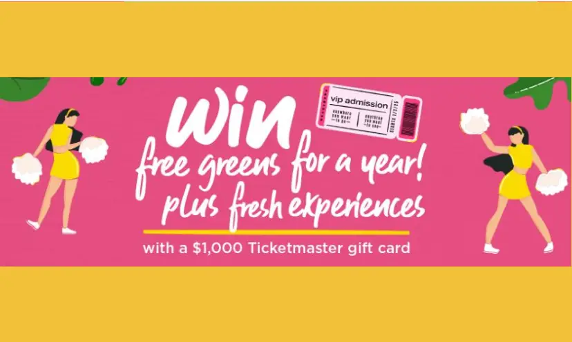 This photo says "win free greens for a year plus fresh experiences!" It pictures two cartoon cheerleaders and a ticket with green leaves at the edges. The background is mostly pink with yellow behind the photo.