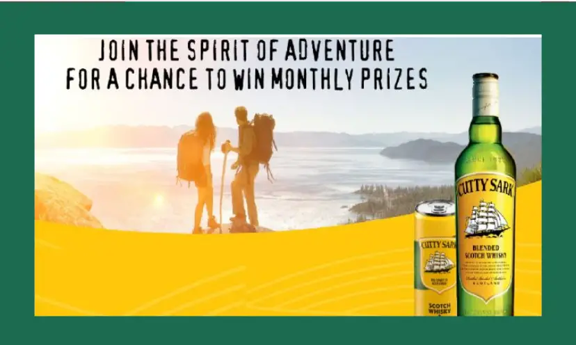 This photo shows an adventurous man and woman looking over a large body of water and wearing their outdoor gear. The text says "join the spirit of adventure or a chance to win monthly prizes".