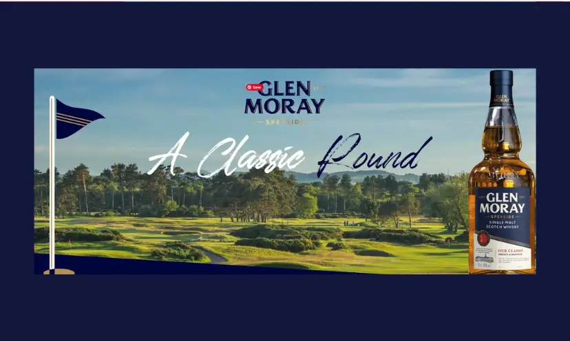 This photo shows a gorgeous golf course in Scotland with perfectly groomed green grass and a lot of trees. The caption says "Glen Moray, A classic round".