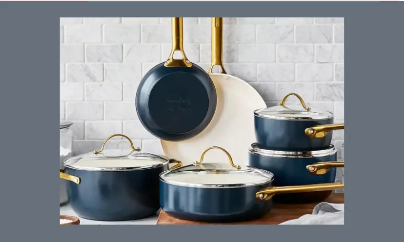 This photo features a set of Green pan cookware. This complete set has a dark blue exterior and whiter interior.