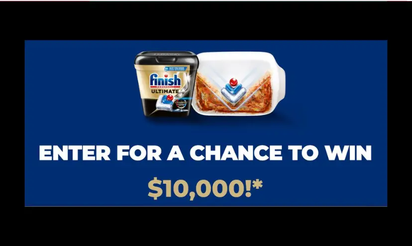 This photo features a white tray/plate with stuck on food beside a container of Finish powerball dishwasher pods. The text says "Enter for a chance to win $10,000!"