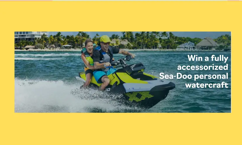 This photo features a couple on a Sea-Doo in the water as it kicks up a refreshing water spray. The text says "win a fully accessorized Sea-Doo personal watercraft".