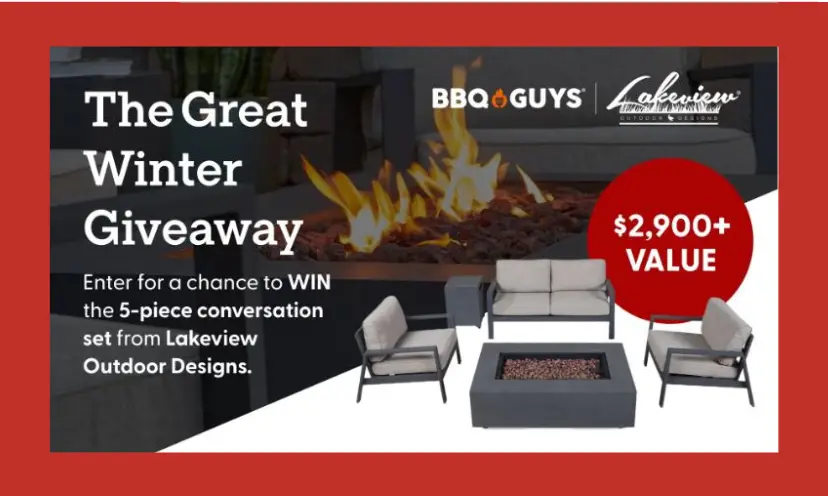 This photo features the outdoor furniture and fire pit in the giveaway. The text says "the great winter giveaway" with the sponsors, prizes and value also listed.