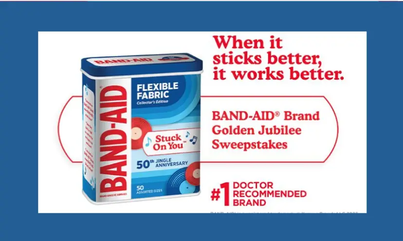 This photo features a red and blue box of Bandaids. The text says "When it sticks better, it works better". It also says "Band-Aid Brand Golden Jubilee Sweepstakes" and #1 doctor recommended brand".