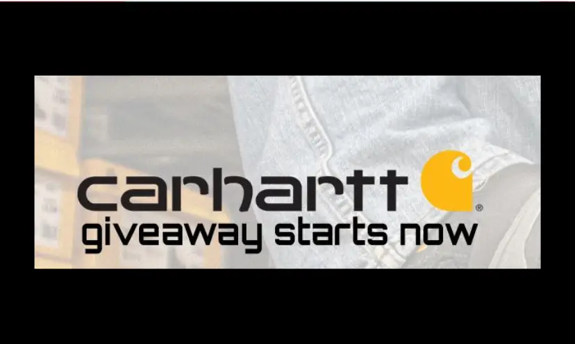 This photo features the text "Carhartt giveaway starts now". The background is a faded image of a denim jacket and shoe boxes.