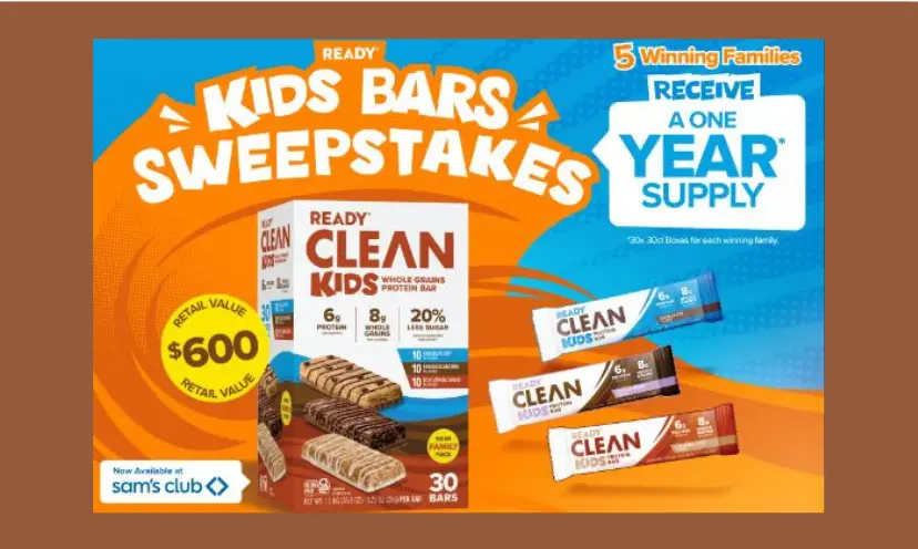 This photo is in mostly orange and blue coloring and features the clean kids bars that are being given away. Some of the text reads "kids bars sweepstakes" and "five winning families will receive a one years supply".