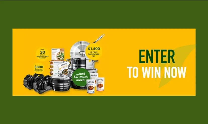 This predominantly green and yellow photo features the cookware, dumbbells, food and more that you could win in this giveaway. The text reads "enter to win now".