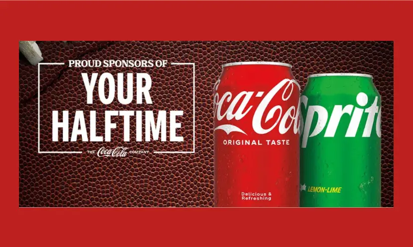 This photo has a vibrant red can of Coca-Cola and a bright green can of Sprite against the brown grain of a football. The text says "proud sponsors of your halftime".