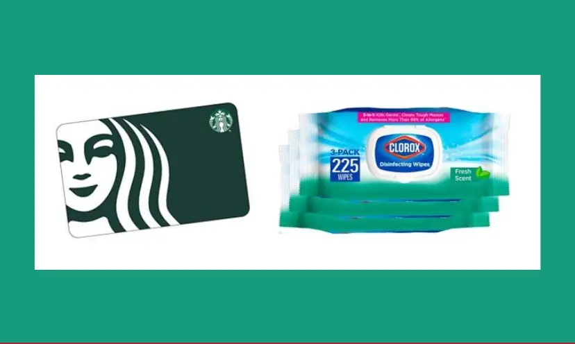 This photo shows a three pack of Clorox wipes and a Starbucks gift card on a white background with an aqua coloring behind it all.