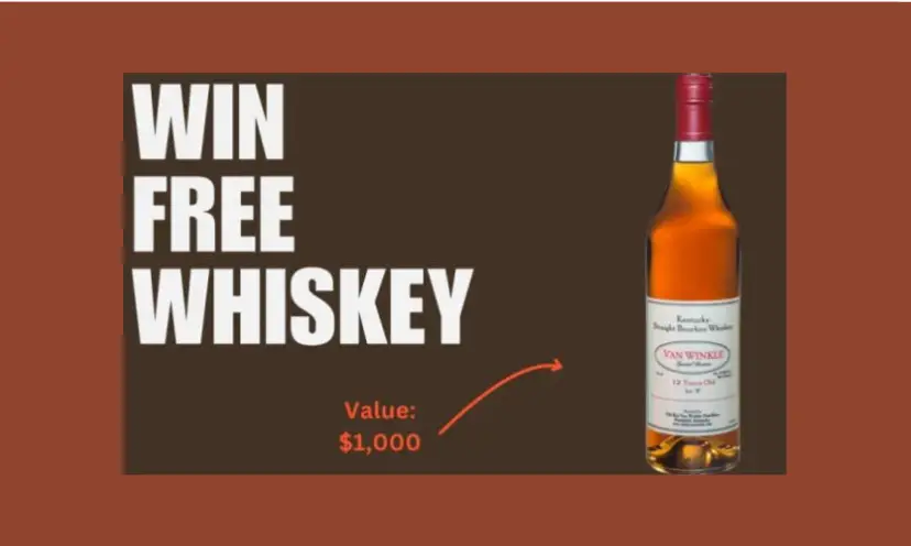 This photo has large white lettering that says "win free whiskey". It features a bottle of Pappy Van Winkle bourbon which has an orange-brown glow to the contents of the bottle.