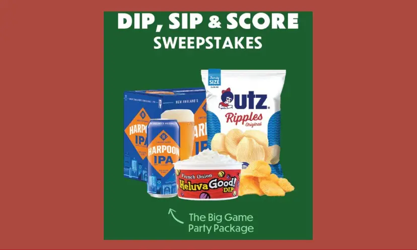 This photo features chips, dip and cans of Harpoon beer as mentioned in the giveaway. The text says " dip, sip and score sweepstakes" and "the big game party package" with an arrow pointed to the products.