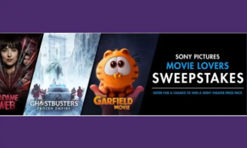 This photo shares the text "Sony pictures movie lovers sweepstakes" and "enter for the chance to win a Sony theater prize pack". It also features three of the movies in the win including a favorite photo of Garfield the cat.