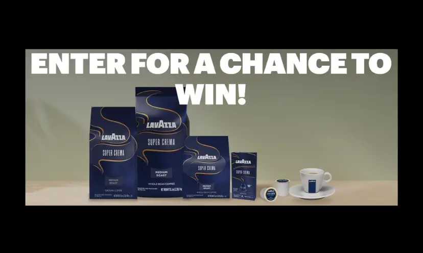 This photo says "enter foe a chance to win" and features bags and boxes of Lavazza coffee options.