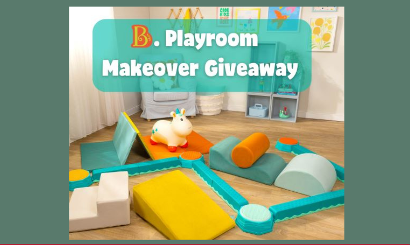 This photo begins with the text: "playroom makeover giveaway" . It features shelves, toys and brightly colored options to make a playroom safe and more fun.