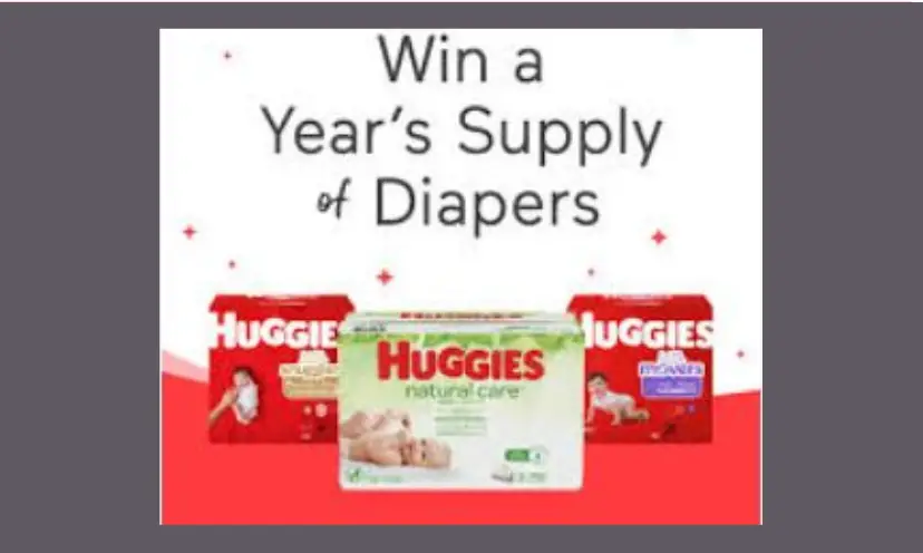 The wording of this photo says "win a year's supply of diapers" and the additional photo is of three packages of Huggies diapers.