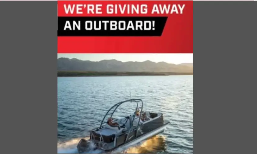 The text in this photo says "we're giving away an outboard!" It pictures a boat on a lake surrounded by mountains. A perfect picture of fun and relaxation.