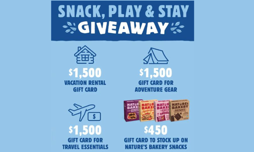 This photo is a overall blue display. The text says "snack, play and stay giveaway". It also features the value of each gift card in the giveaway.