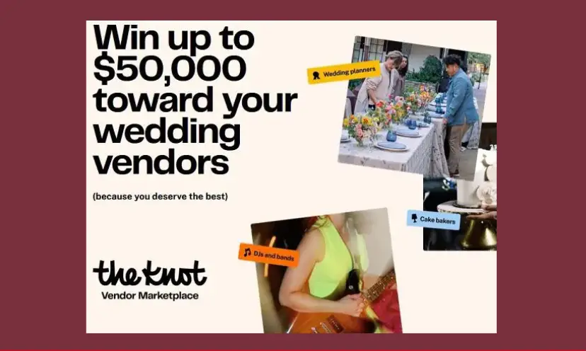 This photo features several parts of a wedding day...the decor, dining and entertainment. The text says "win up to $50,000 toward your wedding vendors because you deserve the best".