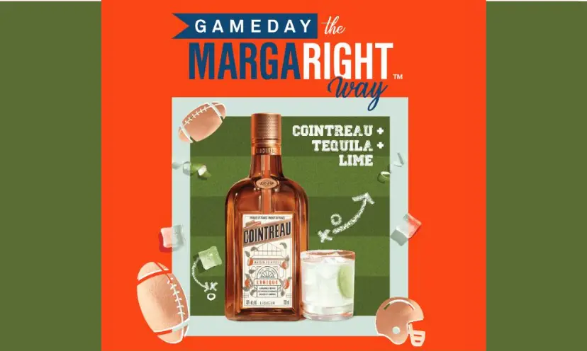 This photo features a bottle of Cointreau tequila against a football themed background. The text is "game day the MARGARIGHT way"...which is a spin to include margaritas on game days. This company is also the sponsor of the prize!