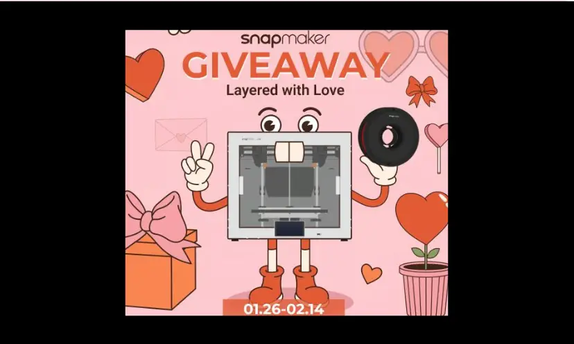 This photo tells about this giveaway in a Valentine theme. The text is "snapmaker giveaway layered with love". The photo is a cartoon type of a 3D printer surrounded by bows, hearts and gift boxes.