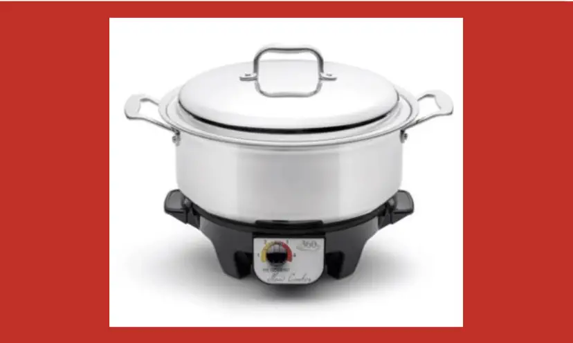 This is a photo of the beautiful silver and black slow cooker in this giveaway. The item is featured against a red background.